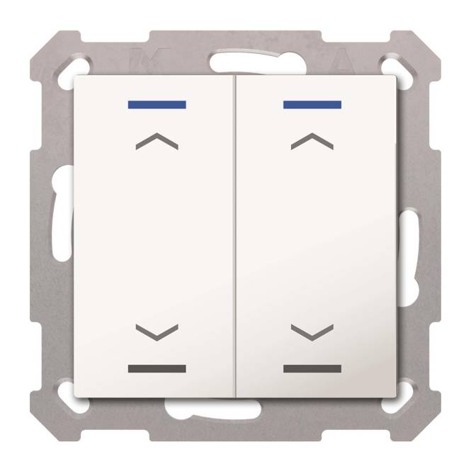 Doppelschalter mit Auf- und Ab-Chevrons auf jedem Knopf, die duale Steuerfunktionen anzeigen. Metallmontageklammer an den Kanten.