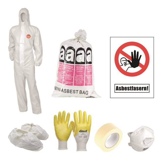 Schutzausrüstung für den Umgang mit Asbest umfasst einen Schutzanzug, einen mit „Asbest Bag