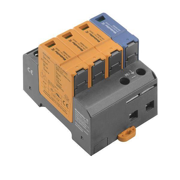Ein modulares elektrisches Signalisierungsgerät mit drei orangefarbenen Modulen mit Beschriftungen für Spannungsschutz und einem blauen Modul, montiert auf einer grauen Basis.