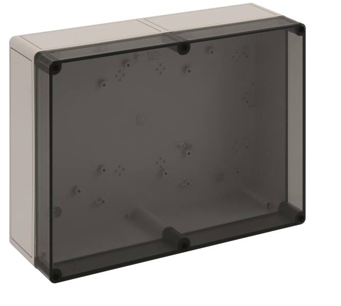 Ein rechteckiges, durchsichtiges Kunststoffgehäuse mit Befestigungslöchern auf der Rückseite, das zur sicheren Unterbringung von elektronischen Komponenten oder Verdrahtung verwendet wird.