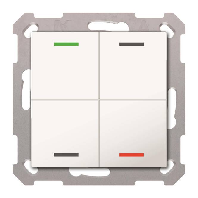 Ein Viertasten-Lichtschalter mit Anzeigen: oben links grün, unten rechts rot, oben rechts und unten links leer.