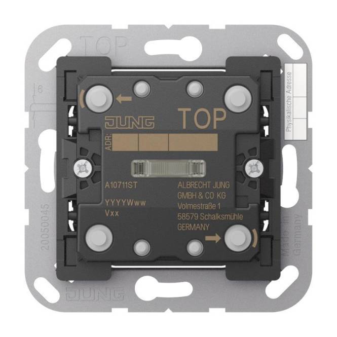 Elektrischer Wandschalter-Mechanismus, Draufsicht, beschriftet mit 