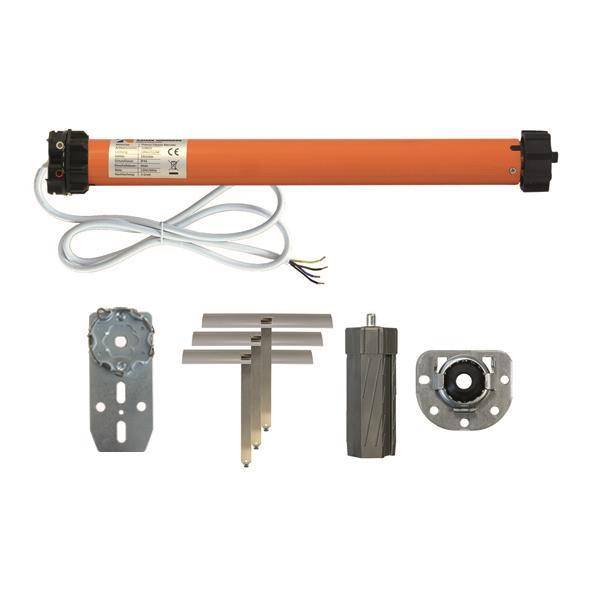 Ein Satz elektrischer Röhrenmotoren mit verschiedenen Montageklammern und Komponenten, angeordnet zum Betrieb von Rollläden oder Jalousien.