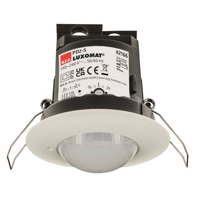 Ein runder, weißer, an der Decke montierter Bewegungsmelder mit der Bezeichnung „LUXOMAT PD2-S