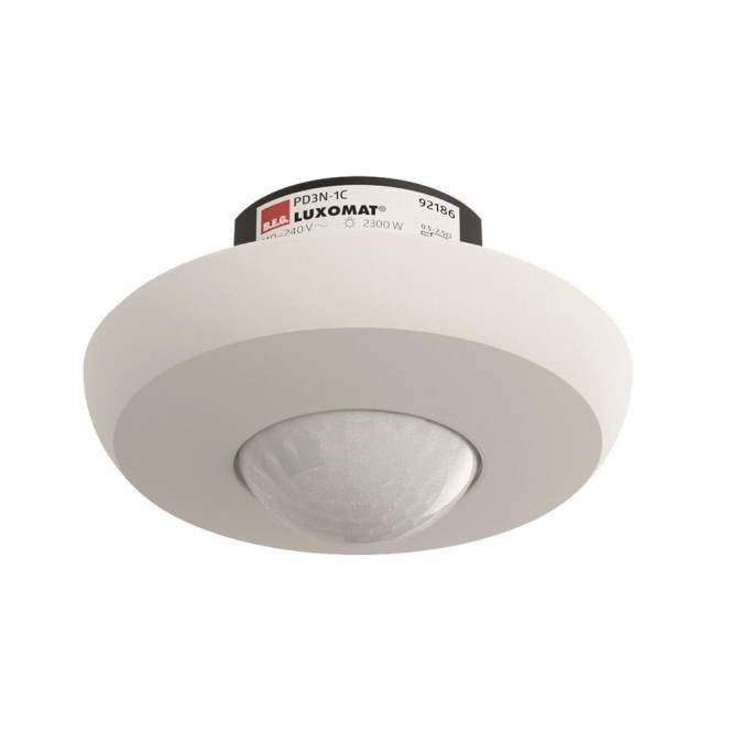 Deckenmontagebewegungsmelder mit kreisförmigem weißem Design mit der Bezeichnung „B.E.G. Luxomat
