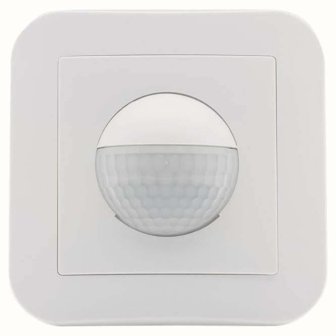 Ein weißer Bewegungsmelder mit strukturierter Kuppel, auf einer quadratischen Platte montiert, konzipiert zur Kontrolle der Innenraumbeleuchtung.