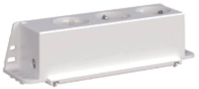 Ein weißes, rechteckiges Objekt mit abgerundeten Enden und drei kreisförmigen Vertiefungen auf der Oberseite, das ein minimalistisches Design aufweist.