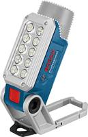 Ein tragbares, tragbares LED-Arbeitslicht mit blauem Gehäuse mit dem Logo „Bosch Professional