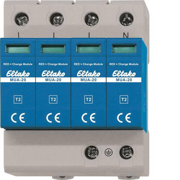 Ein blaueszöblau leuchtender Eltako MUA-20-Überspannungsschutzgerät mit drei Wechselmodulen, auf einer DIN-Schiene montiert, mit der Anzeige „T2