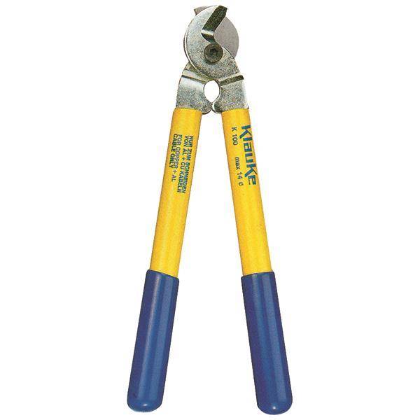 Gelb-blaues Drahtschneider-Werkzeug mit metallischem Kopf und Gummigriffschutz, auf den Griffen mit 