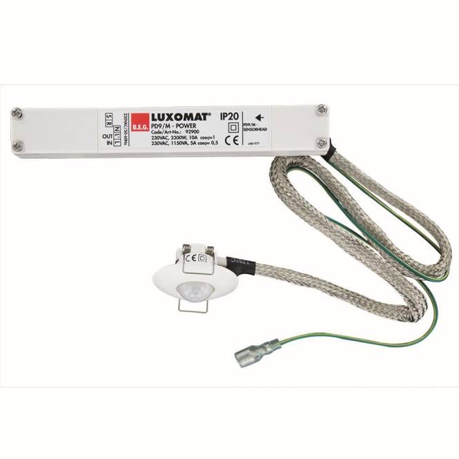 Bewegungsmelder für die Deckenmontage mit angeschlossenen Drähten, gekennzeichnet als „LUXOMAT IP20