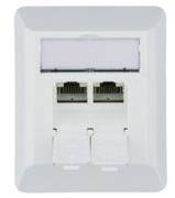 Eine weiße Wandplatte mit zwei RJ45-Netzwerkbuchsen, typischerweise für Ethernet-Verbindungen verwendet, geeignet für Wohn- oder Büroumgebungen.