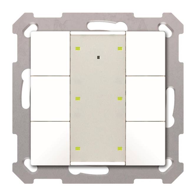 Ein weißer Lichtschalter mit silbernem Rahmen mit einem zentralen Schalter und acht umgebenden Schaltflächen.
