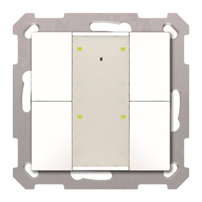 Ein Lichtschalter mit quadratischem, modularem Design verfügt über fünf Paneele mit einem zentralen Schalter; minimalistisches Aussehen, geeignet für den Innenbereich.