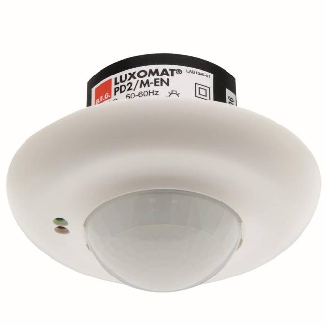 Ein runder, an der Decke montierter Bewegungsmelder mit der Bezeichnung „LUXOMAT PD2/M-EN 50-60Hz