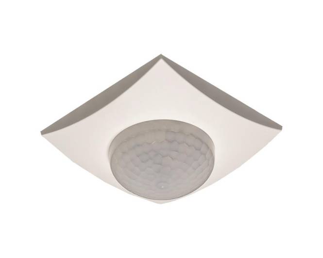 Deckenmontierter Bewegungsmelder mit abgerundetem, geometrischem Design auf quadratischer Basis, verwendet zur Bewegungserkennung in einem Raum.