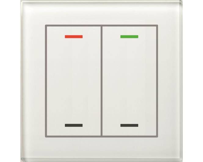 Zwei nebeneinander angeordnete rechteckige Schalter. Der linke Schalter hat eine rote Anzeige darüber, und der rechte Schalter hat eine grüne Anzeige darüber.