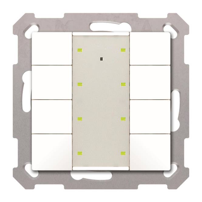 Ein Lichtschalter-Panel mit acht Knöpfen, die um einen zentralen rechteckigen Knopf angeordnet sind, montiert auf einem quadratischen Metallrahmen.