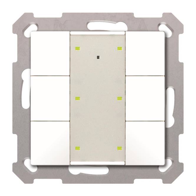 Zentraler Schalter umgeben von sechs rechteckigen Tasten auf einer Montagerahmen.