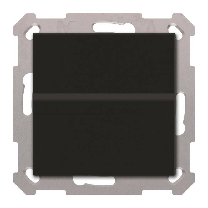 Ein schwarzer, quadratischer Lichtschalter mit metallischem Montageelement, konzipiert für die Wandinstallation.