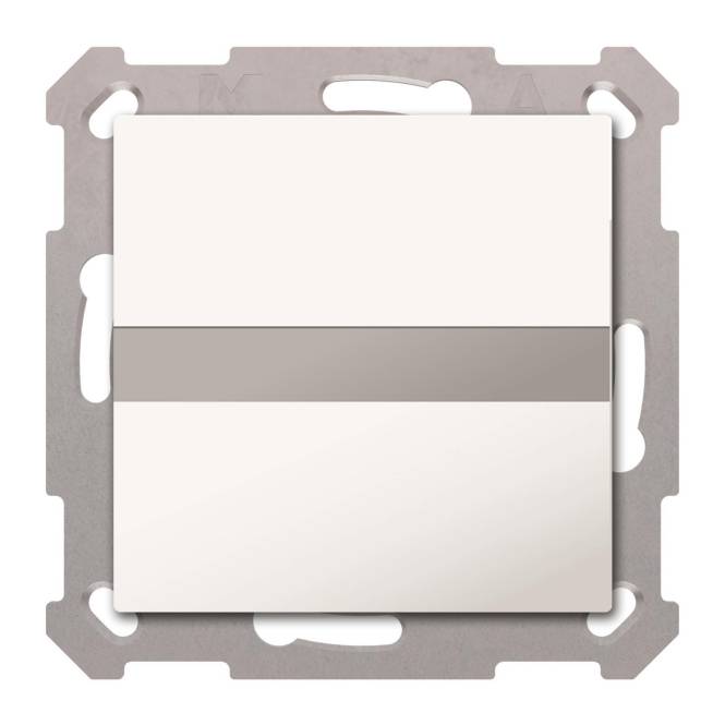 Ein Lichtschalter mit rechteckigem, minimalistische Design in Weiß- und Grautönen, umgeben von einem metallischen Rahmen.