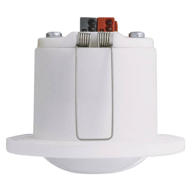 Ein rundes, weißes elektronisches Sensorelement mit einer glatten Kuppel und Anschlüssen auf der Oberseite, typischerweise zur Erfassung von Bewegung oder Präsenz in einem Raum verwendet.