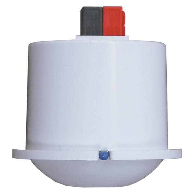 An der Decke montiertes elektrisches Gerät mit weißem zylindrischem Gehäuse und zwei sichtbaren roten und schwarzen Schaltern auf der Oberseite.