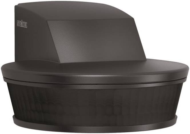 Ein dunkelgefärbtes Außen-Sensorlicht mit schlankem, modernem Design, mit quadratischer Oberseite und halbkreisförmigem unteren Abschnitt zur Bewegungserkennung.