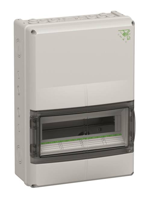 Ein Stromverteilkasten mit transparenter Abdeckung, die beschriftete Plätze für Leitungsschutzschalter zeigt; mit einem Logo in der oberen rechten Ecke.