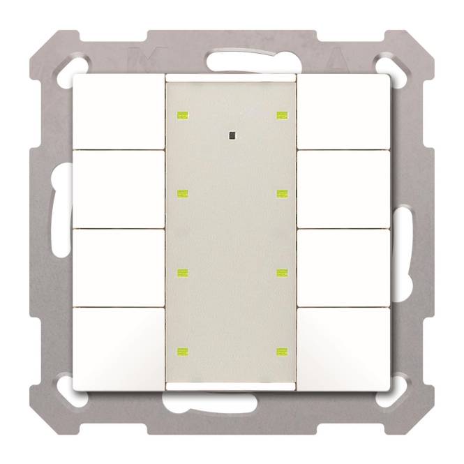 Ein Multi-Schalter-Elektrokomponent mit acht weißen Tastenpanelen und einem zentralen grauen Panel, ausgestattet mit einem kleinen quadratischen Anzeigelicht.