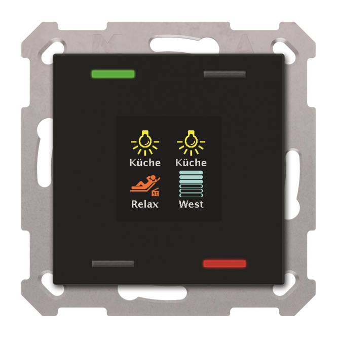 „Lichtschalter-Panel mit Optionen für Küchenlichter, Entspannungsmodus und nach Westen ausgerichtete Lichter. Anzeigen: Küchenlichter sind eingeschaltet.