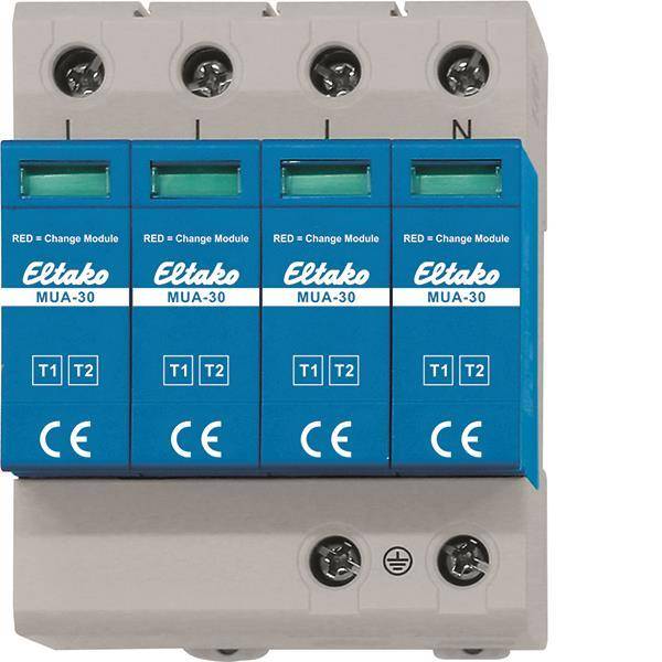 Ein blaues Eltako-Wechselmodul MUA-30 mit vier Kanälen T1, T2, T3 und T4, mit Steuerschaltern und CE-Kennzeichnung.