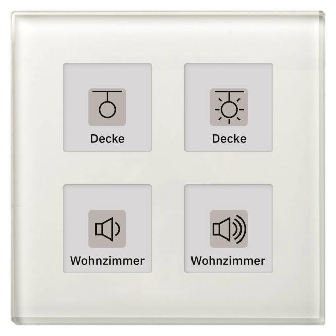 Ein quadratisches Bedienfeld mit vier Schaltflächen, die Symbole anzeigen: obere zwei zur Steuerung der Deckenbeleuchtung, untere zwei zur Steuerung der Wohnzimmerlautstärke.