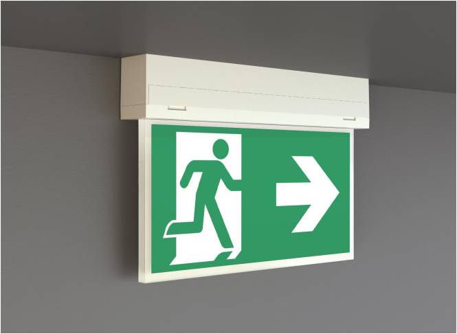 Grünes Notausgangsschild mit einer Figur, die durch eine Tür läuft, und einem Pfeil nach rechts, der die Ausstiegsrichtung anzeigt.