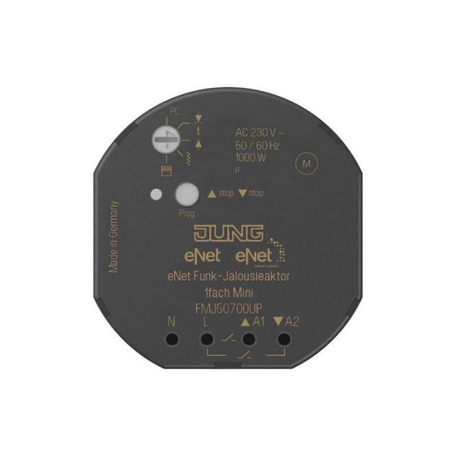 Rundes elektronisches Bauteil mit der Bezeichnung „JUNG eNet Funk-Jalousieaktor 1fach Mini