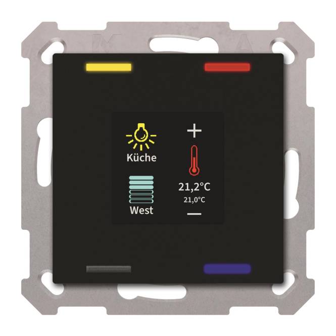 Ein schwarzes Heimthermostrat-Display, das ein Glühbirnensymbol mit der Bezeichnung „Küche