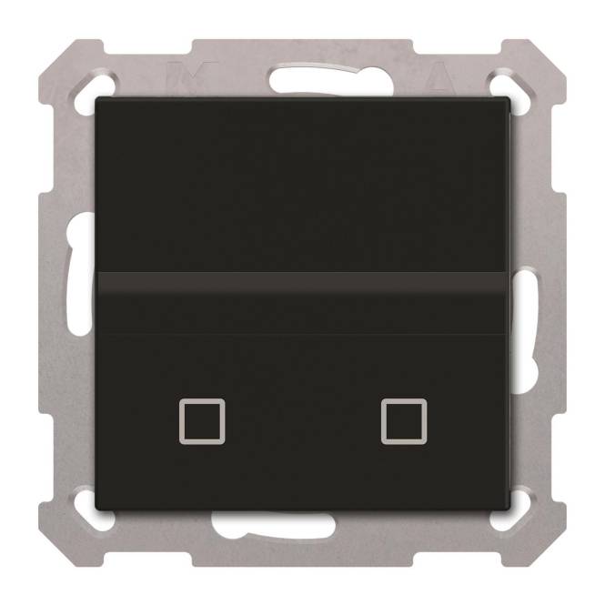 Ein quadratischer, schwarzer Druckschalter mit zwei Schaltflächen, montiert auf einem silbernen Metallrahmen.