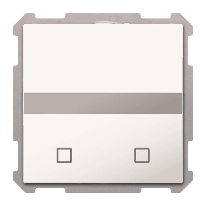 Ein weißer Schalter mit zwei Tasten in minimalem, modernem Design, angebracht in einem cremefarbenen Rahmen.