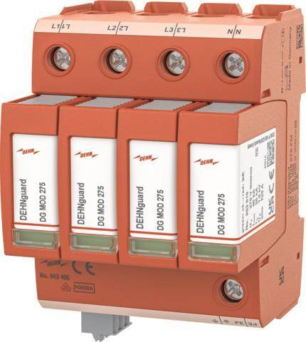 Vier orangefarbene DEHNguard DG MOD 275 Überspannungsschutzgeräte in einer Reihe, auf einer DIN-Schiene montiert, gekennzeichnet mit technischen Spezifikationen.