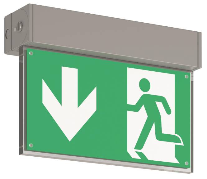 Grünes Notausgangsschild mit einer weißen rennenden Figur und Pfeil nach unten, das die Richtung zum nächsten Ausgang anzeigt.