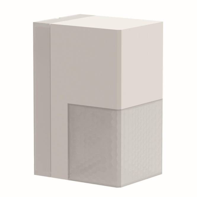 Eine minimalistische weiße und graue rechteckige Box mit einer strukturierten unteren Hälfte.