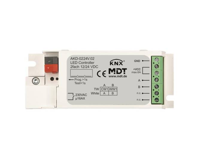 KNX LED-Regler von MDT, Modell AKD-0224V.02, für 12/24V DC, 2-Kanal, 230VAC-Eingang, 16A. Beinhaltet Steckverbinder und gekennzeichnete Anschlüsse.