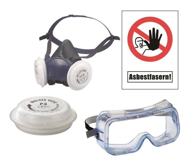 Schutzausrüstung einschließlich einer Atemschutzmaske, einer Schutzbrille, einer Filterkassette und einem Warnschild „Asbestfasern!