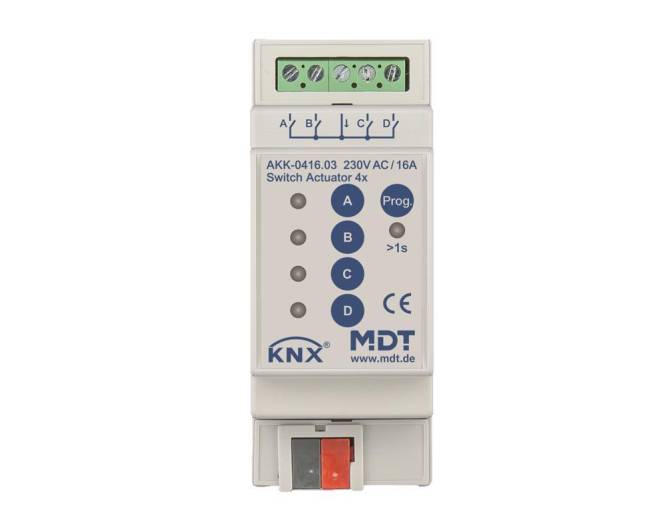 KNX 230V AC/16A Schaltaktor mit 4 Kanälen, bezeichnet mit A-D. Enthält eine Programmiertaste und LED-Indikatoren. Geeignet für Smart-Home-Systeme.