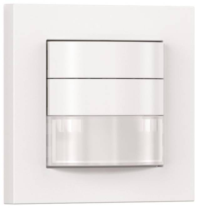 Weißes Bewegungsmeldergerät an einer Wand, mit minimalistischem rechteckigem Design und einem durchscheinenden unteren Paneel zur Erkennung.