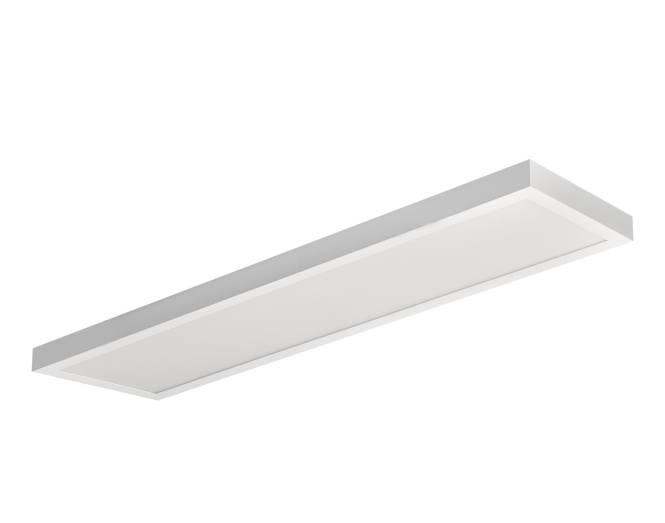 Ein rechteckiger weißer Deckenleuchte mit einem schlanken, modernen Design vor einem einfachen Hintergrund.