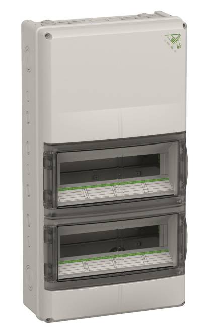 Weiße Elektrosicherungsbox mit zwei transparenten Reihen für Leistungsschalter, jede Reihe hat Plätze, die mögliche Leistungsschalter-Steckplätze anzeigen.