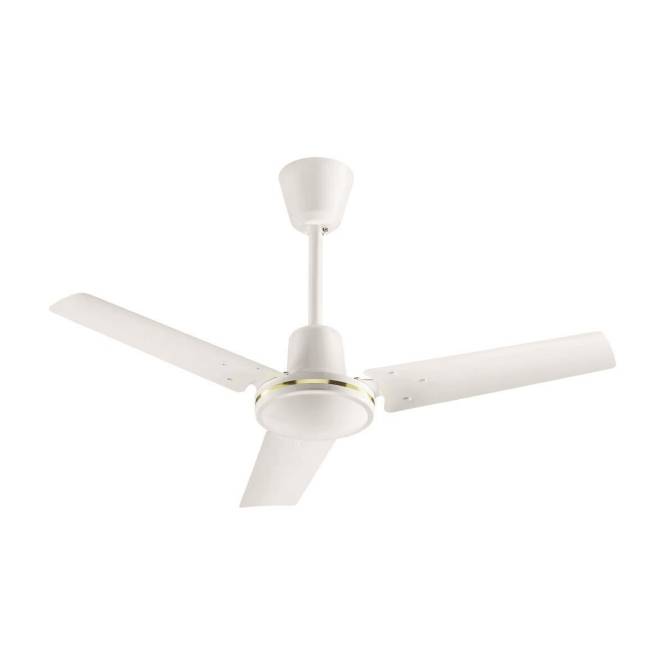 Weißer Deckenventilator mit drei Blättern und minimalistischem Design.