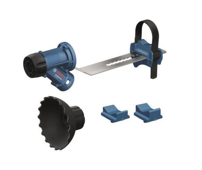 Ein Schneidewerkzeugsatz bestehend aus einer Sägeblatt mit Befestigungshardware, einem schwarzen Schutzgehäuse und zwei blauen Clips. Entwickelt für den Garteneinsatz.