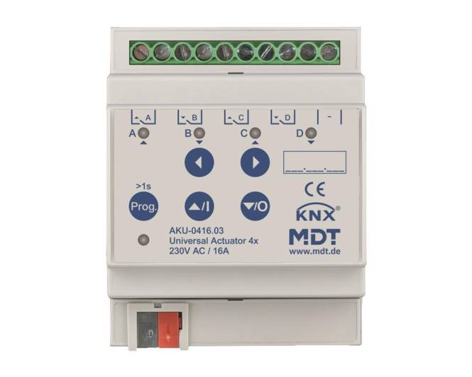 Ein MDT Universal Actuator-Gerät mit vier Kanälen, gekennzeichnet mit A bis D. Verfügt über eine Programmiertaste, LED-Indikatoren und Anschlüsse.